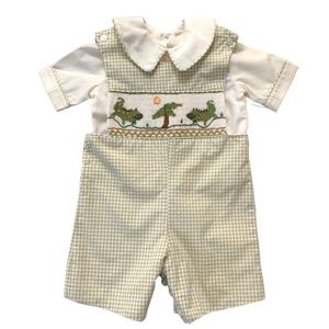 NWOT Cupcake Originals Smocked Green Ivory Check JonJon Shortall Outfit 12 M